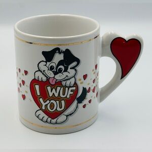 Vintage 1998 "I Wuf You" Dog Mug Red & White Ceramic Cup With Heart Handle